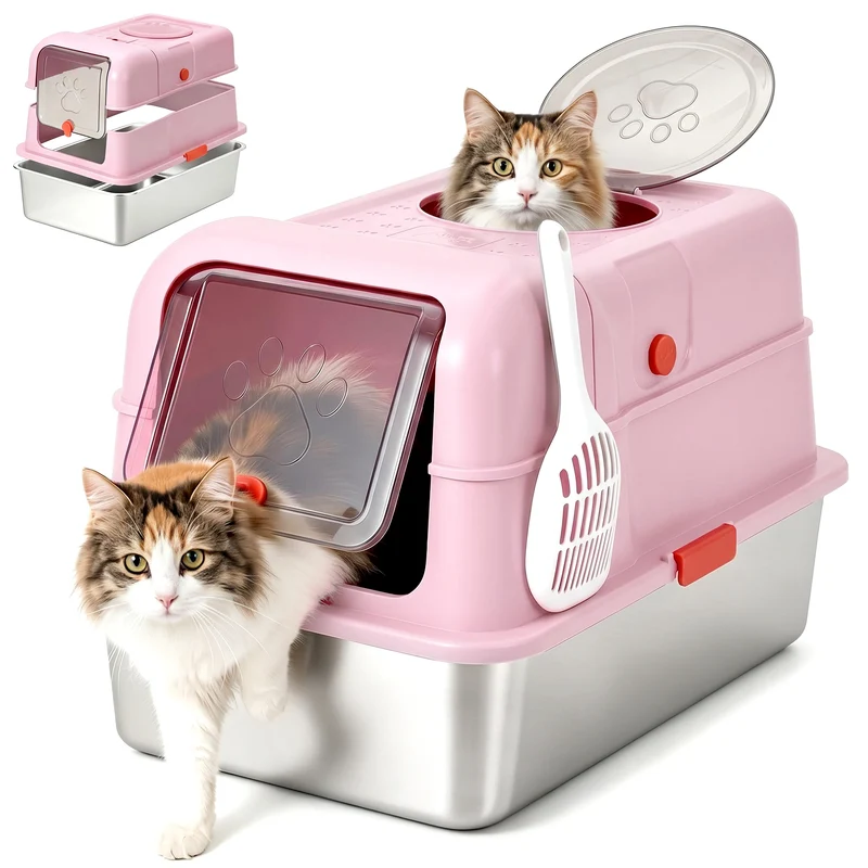 Garvee Caja de Arena Totalmente Cerrada de Acero Inoxidable para Gatos con Doble Puerta Rosa