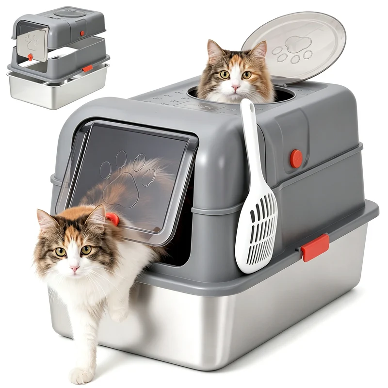 Garvee Caja de Arena Totalmente Cerrada de Acero Inoxidable para Gatos con Doble Puerta Gris