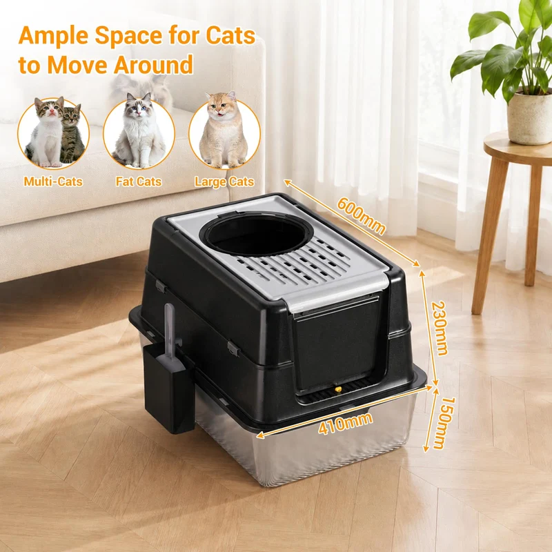 Garvee Caja de Arena XL para Gatos de Acero Inoxidable Diseño de Cajón Doble Capa Fácil de Limpiar 60x40x43cm Gris