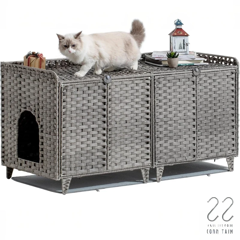 Garvee Mueble Oculto para Caja de Arena de Gatos de Ratán PE y Metal con 2 Compartimentos y Ganchos 120x50x61 cm Gris