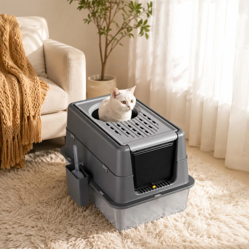 Garvee Caja de Arena XL para Gatos de Acero Inoxidable Diseño de Cajón Doble Capa Fácil de Limpiar 60x40x43cm Negro