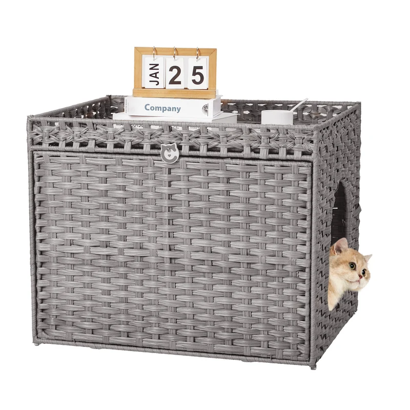 Garvee Mueble Oculto de PE de Doble Nivel para Caja de Arena de Gato Diseño Moderno Antisalpicaduras Gris
