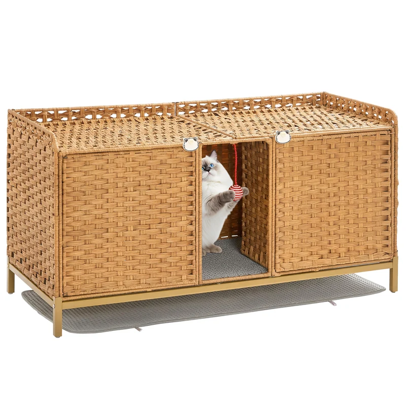 Garvee Mueble Oculto Doble de PE y Hierro para Caja de Arena de Gato con Alfombrilla y Ganchos 120x50x61cm Color Natural