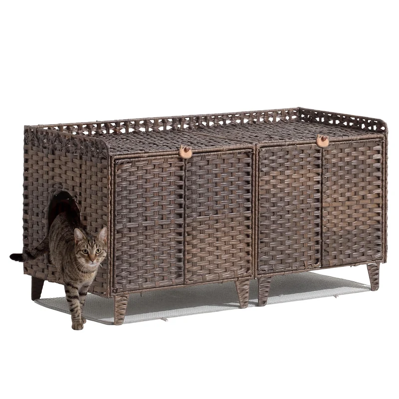 Garvee Mueble Oculto Doble para Caja de Arena de Gatos con 2 Habitaciones, Diseño de Mimbre de PE y Estructura de Hierro, Puertas y Ganchos, 120×50×61 cm, Marrón