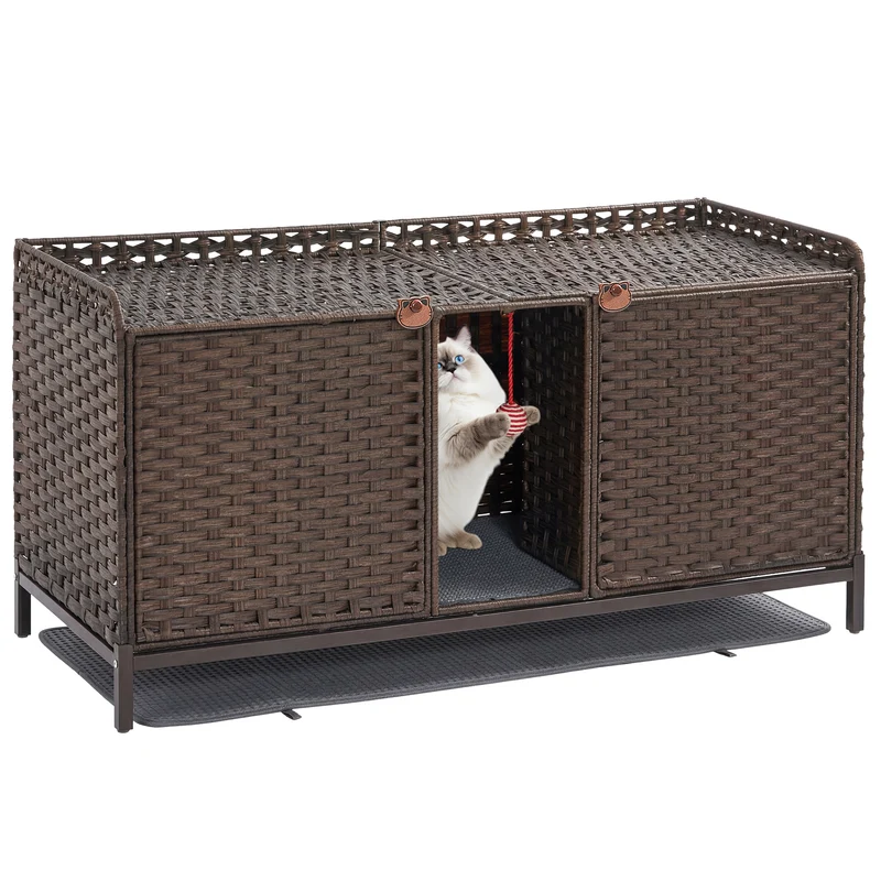 Garvee Mueble Doble Oculto de PE y Metal para Arenero de Gatos con Habitaciones y Ganchos en S 120x50x61cm Marrón