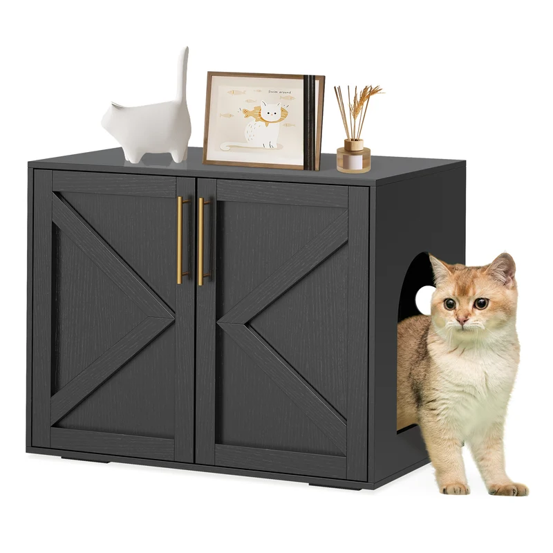 Garvee Mueble Oculto para Caja de Arena de Gatos de MDF y PB Armario Organizador para Mascotas Negro