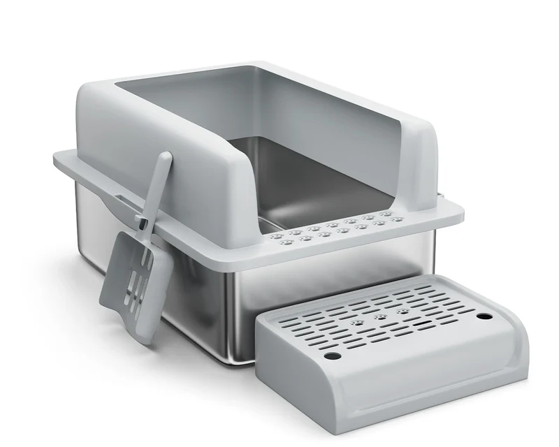 Garvee Caja de Arena para Gatos 20CM Acero Inoxidable con Plataforma y Tapa Removible, Antideslizante, Plástico PP, Incluye Pala, Ideal para Gatos Grandes, 60×41×35 cm