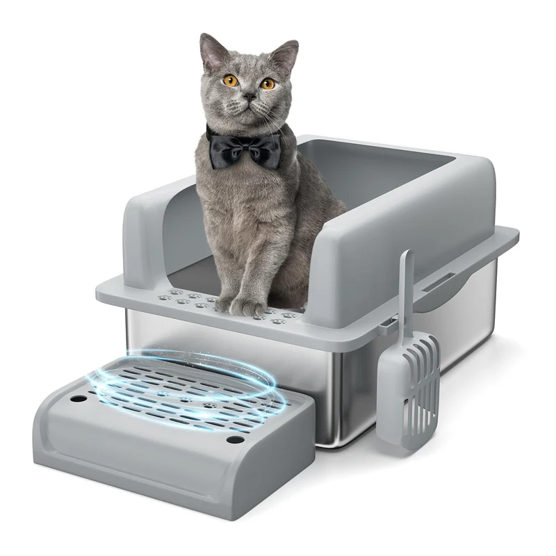 Garvee Caja de Arena para Gatos Acero Inoxidable Profunda 15 cm con Tapa y Escalón, Alta Contención, Antiódor, para Gatos Grandes y Múltiples, 60×41 cm, Plata