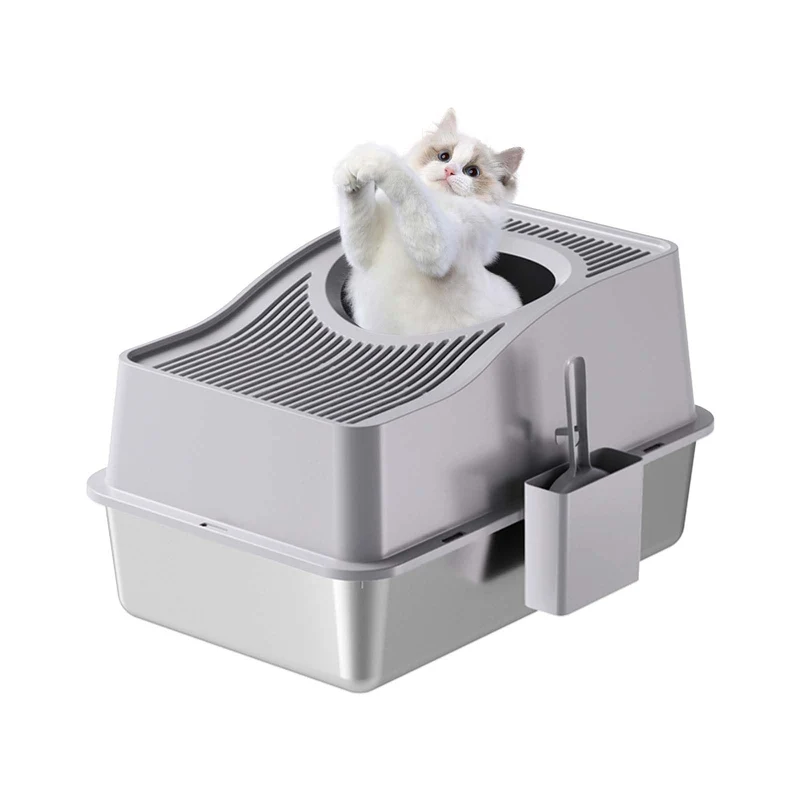 Garvee Caja de Arena para Gatos de Acero Inoxidable Extra Grande con Tapa y Alfombrilla Antideslizante para Gatos Grandes Interiores