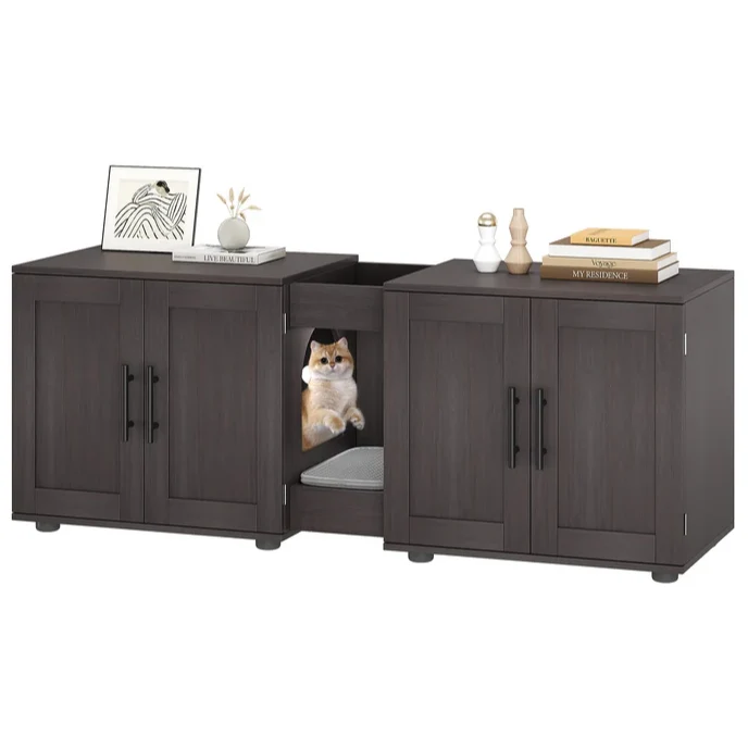 Garvee Mueble para Caja de Arena Doble para Gatos, Madera de Nogal, con Tapete y Almacenamiento, Ideal para Sala, 140×45×57 cm, Espacioso y Multifuncional