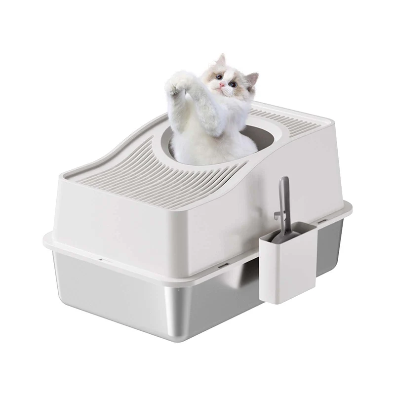 Garvee Caja De Arena Para Gatos De Acero Inoxidable Con Tapa Alta Capacidad Fácil Limpieza Antifugas Incluye Pala Para Hogar