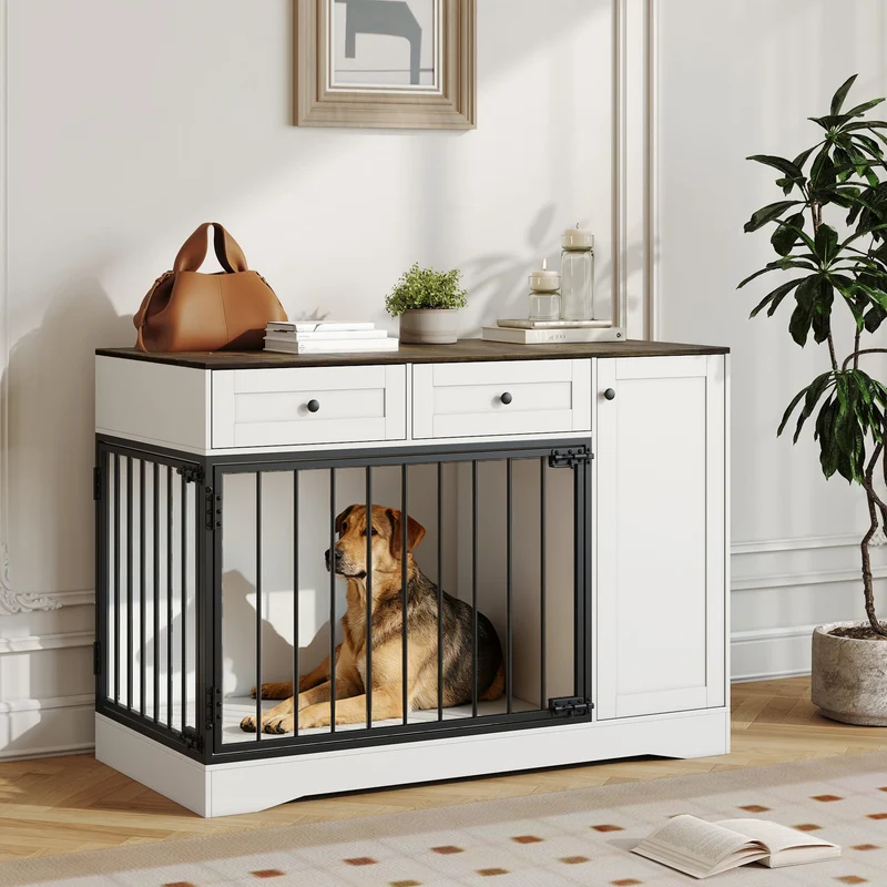 Garvee Jaula para Perros 119 cm Estilo Granja Blanca con Puertas Dobles, 2 Cajones, Gabinete de Almacenamiento, Madera y Metal, Diseño Moderno para Interiores