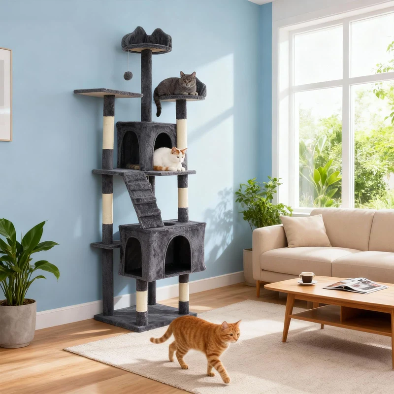 Garvee Árbol para Gatos Grandes 188 cm con 6 Rascadores, Percha Superior, Bola Colgante, Base Reforzada, Interior, Fácil Montaje, Beige