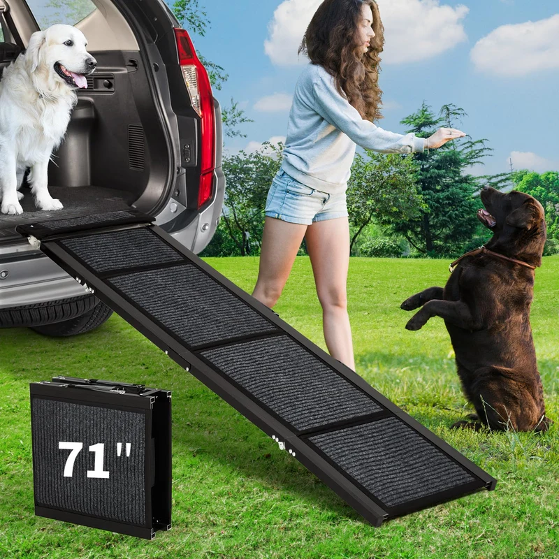 Garvee Rampa para Perros 4 Pliegues Plegable Aleación de Aluminio 1.3mm Tela No Tejida Extra Ancha Larga Antideslizante Capacidad 113.4kg para Perros Sofá Hogar Autos y Camionetas 180.3x43.2cm