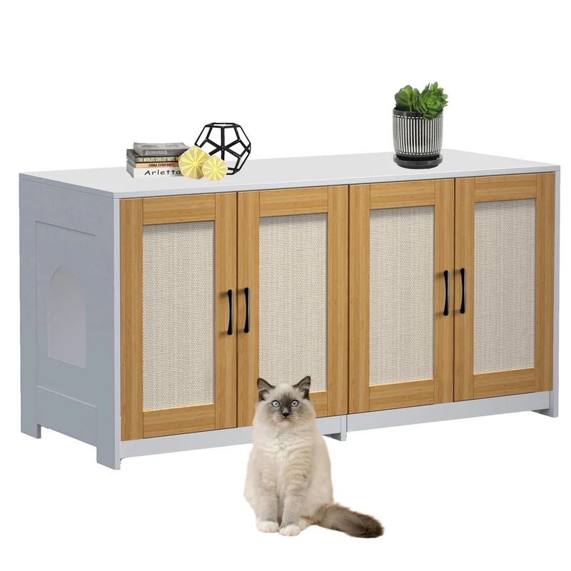 Garvee mueble Doble para Caja de Arena de Gato 2 Compartimentos con Puertas de Sisal, Diseño Rústico, 120 cm, Madera Natural