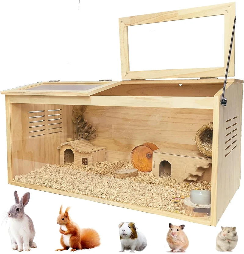 Garvee Jaula de Madera para Hámster 100x50x50cm Terrario Grande con Vista Panorámica para Roedores y Mascotas