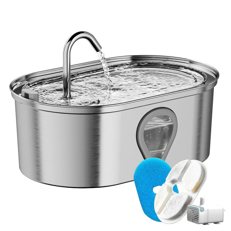 Garvee Fuente De Agua Para Gatos 3.5L Acero Inoxidable 304 Bomba Silenciosa Filtro Carbón Activado Ventana Nivel Agua
