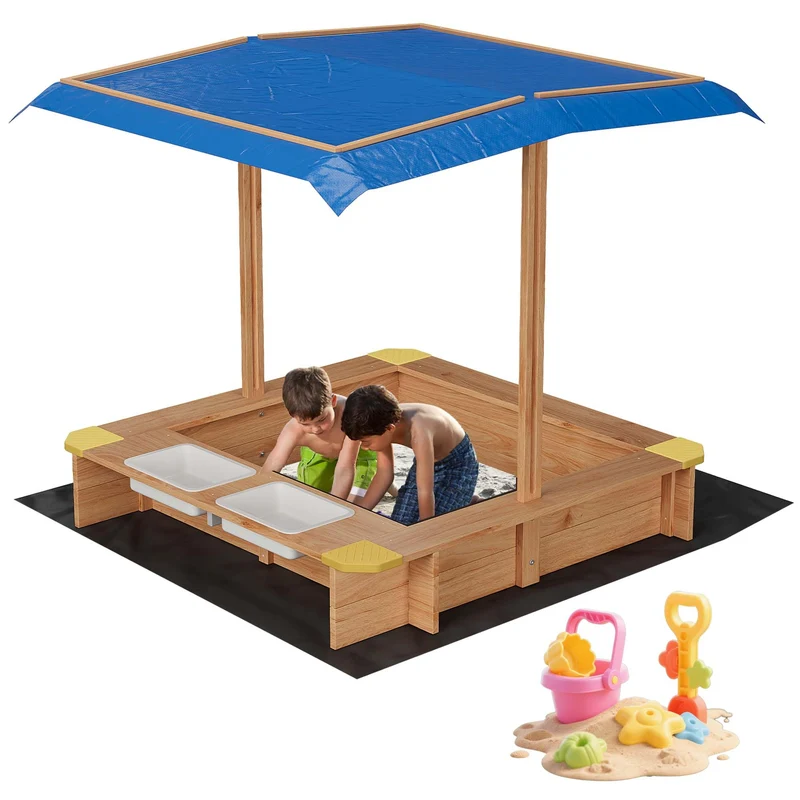 Garvee Caja De Arena De Madera Con Dos Cajas Plásticas, Dosel Ajustable Para Patio Y Jardín, Madera De Abeto, Almacenamiento Conveniente, Diseño Anticolisión