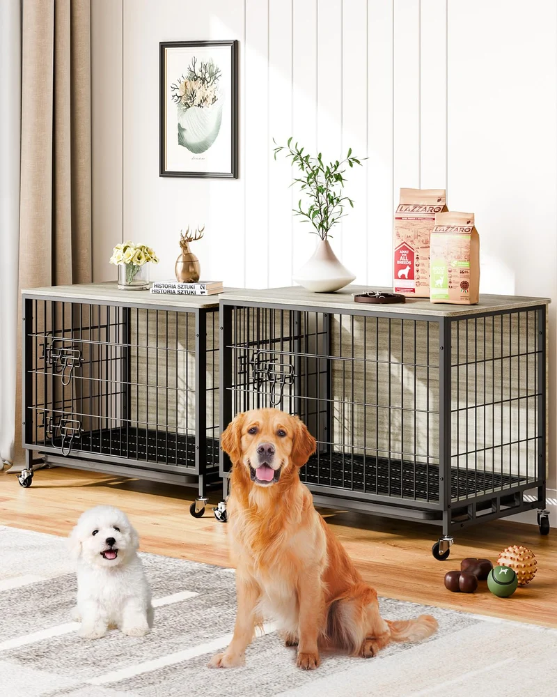 Garvee Mueble Jaula Para Perro Con Ruedas Y Doble Puerta, Estructura De Hierro Y Madera, Cojín Cómodo, Interior, Color Natural