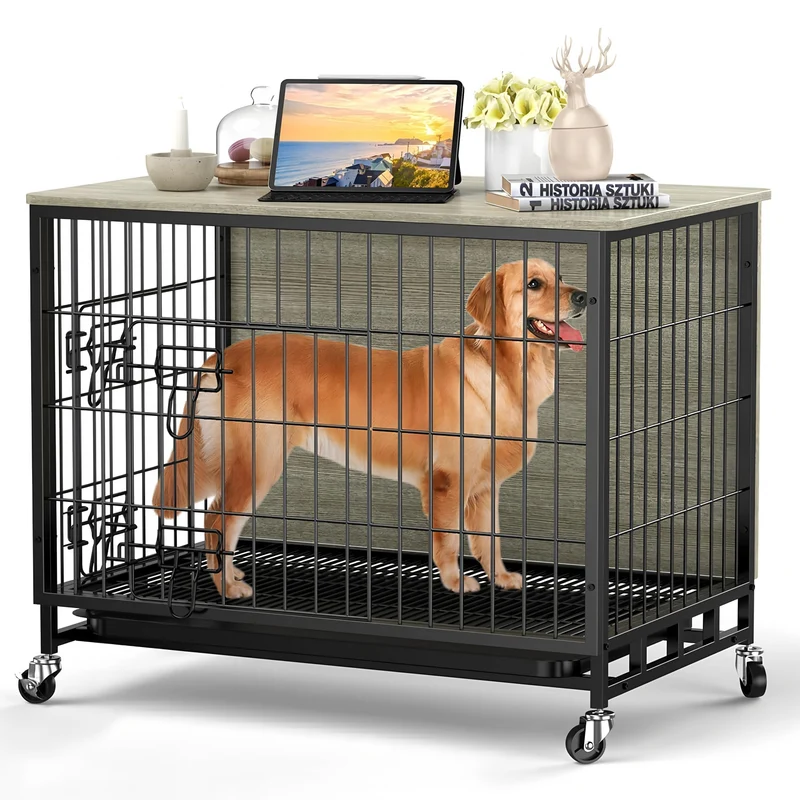 Garvee caseta para Perros Madera con Doble Puerta, Ruedas Bloqueables, Diseño Rústico Gris/Marrón, Mueble Multifuncional Interior 98×65×68 cm