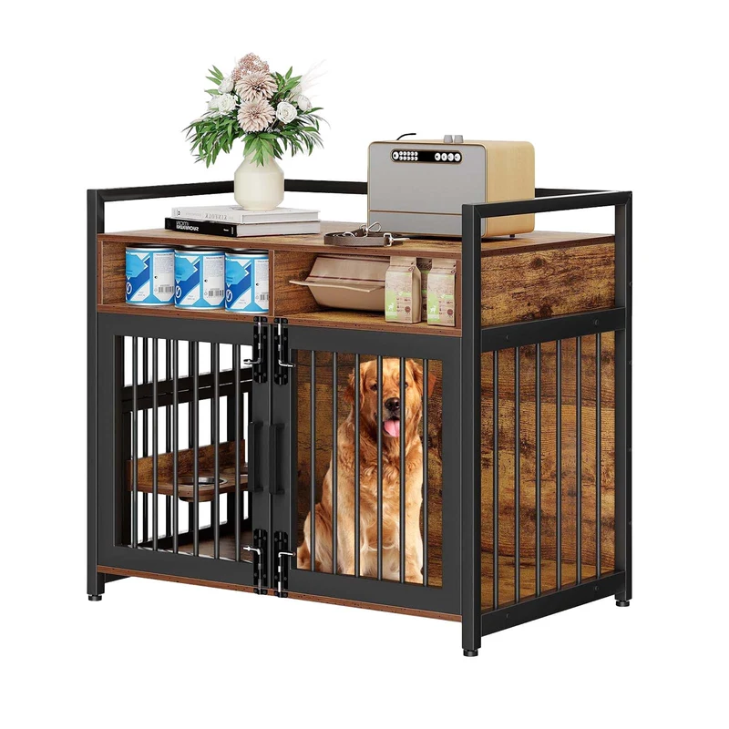 Garvee mueble Jaula para Perros 122 cm - Metal Resistente, Cajones de Almacenaje, Puertas Dobles, Acabado Rústico Marrón para Interior, Sala, Oficina