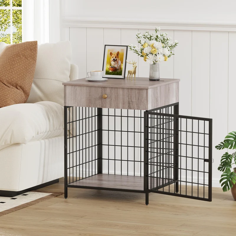 Garvee Jaula Para Perros Pequeños Moderna Gris - Mueble Con Cajón Y Puerta Con Cerradura - Metal Resistente A Mordeduras - Ideal Para Interiores 19.7x22.8x26.8in