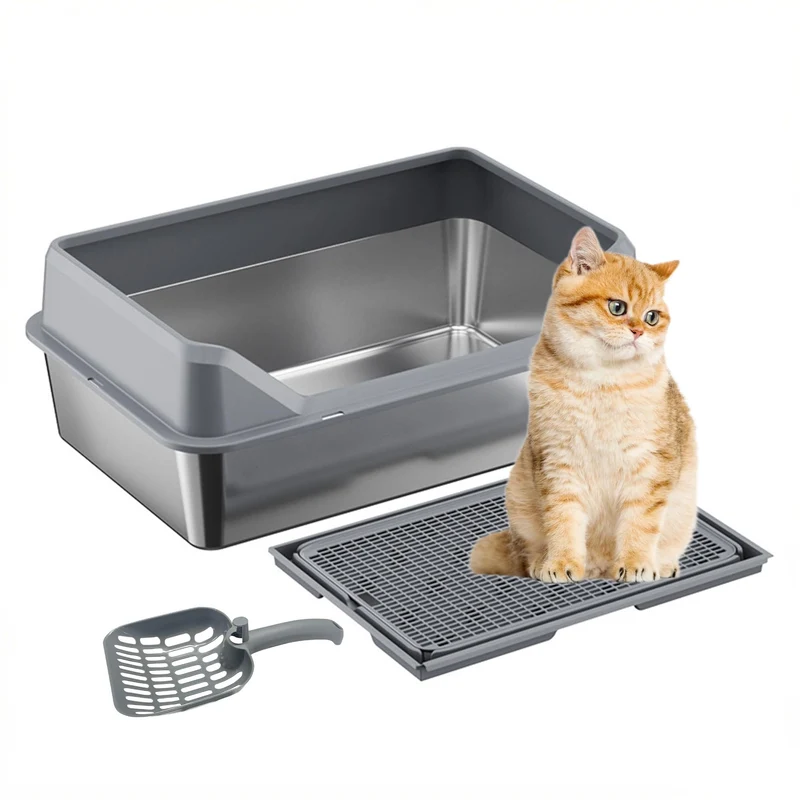 Garvee Caja de Arena XL de Acero Inoxidable para Gatos Grandes con Tapa, Recogedor y Alfombrilla Doble, 8'' Profundidad, Gris Oscuro