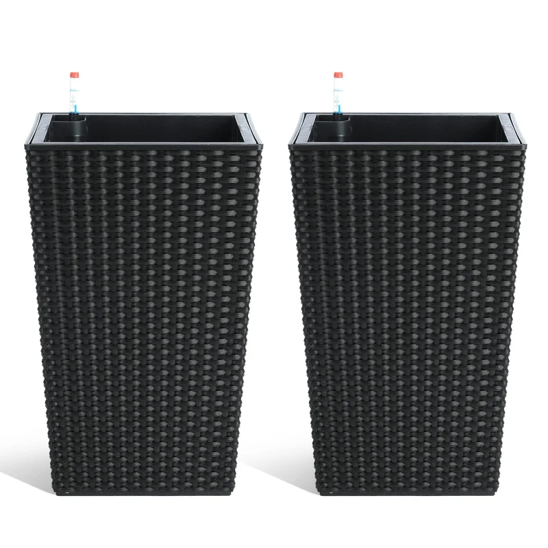 Garvee Set De 2 Maceteros Altos De 16 Pulg Rattan Duradero Con Auto-Riego Y Ruedas Para Patio Y Sala Blanco Mate