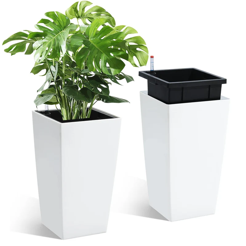 Garvee Macetas Altas 41 cm Set de 2 con Monitor de Agua y Riego Automático para Interior y Exterior, Negro, Plástico Duradero
