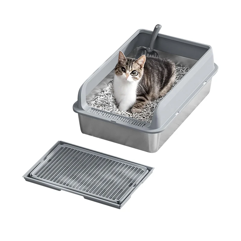 Garvee Caja De Arena Para Gatos De Acero Inoxidable Antifugas Sin Olor Con Tapa Paredes Altas Gris Para Gatos Grandes Hogares Multi-Gato