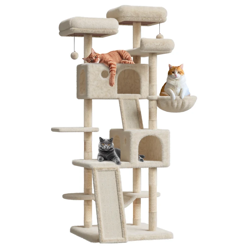 Garvee Árbol para Gatos Grandes 168 cm con Condos Espaciosos y Hamaca, Postes de Sisal, Juego Interior, Estable, Beige