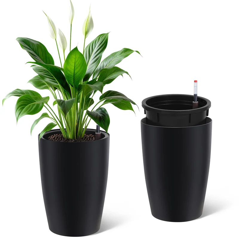 Garvee Macetas Altas 41 cm Set 2 Autorriego Drenaje Visual Plástico Duradero Negro Interior y Exterior