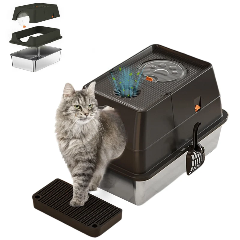 Garvee Caja De Arena Para Gatos De Acero Inoxidable XL Con Tapa Abatible Y Entrada Superior, Resistente A Perros, Antideslizante, Para Gatos Grandes Interiores