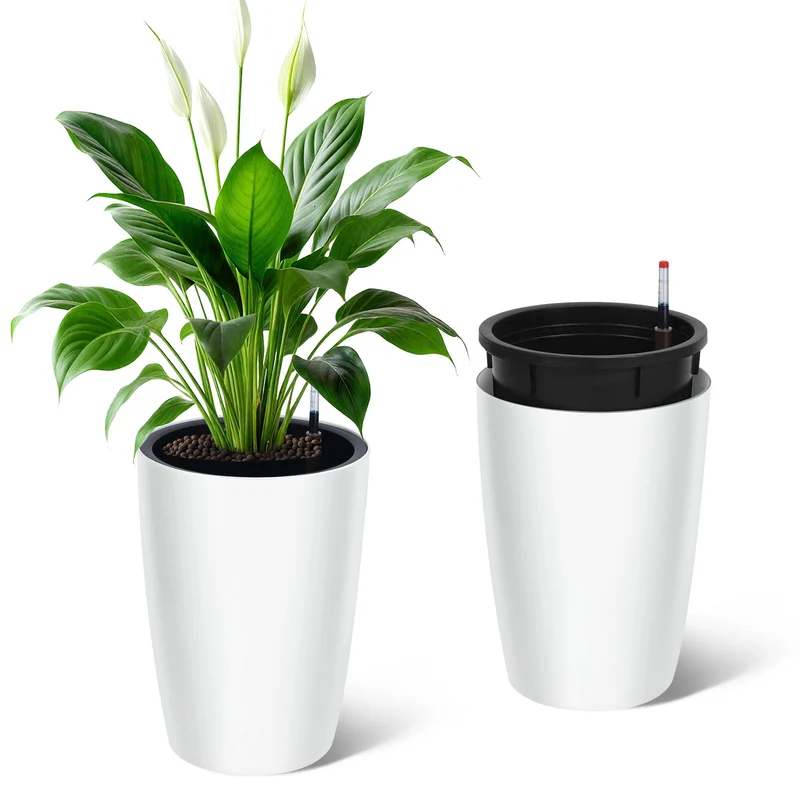 Garvee Macetas Altas 41 cm Set de 2 Autorriego Drenaje Integrado Plástico Resistente Blanco Interior y Exterior