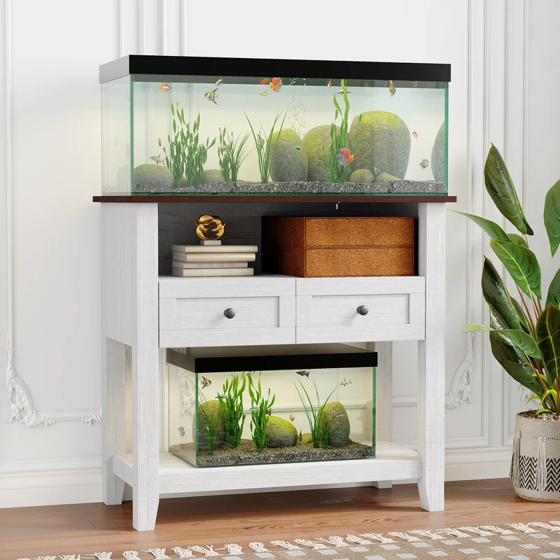 Garvee Soporte para Acuario 20-29 Galones con Estación de Carga, Madera, Diseño Antivuelco, Almacenamiento Dual, Cajones Magnéticos, 80×40×78 cm