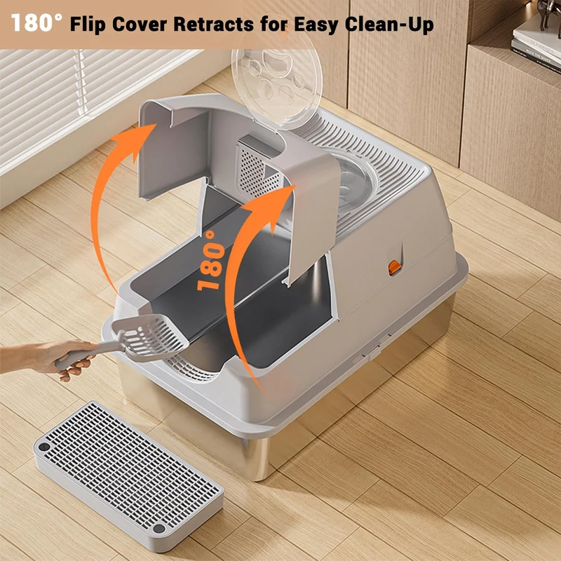 Garvee Caja de Arena Metálica para Gatos XL con Entrada Superior y Frontal, Acero Inoxidable, Gris, Para Interior, Fácil Limpieza, Antideslizante