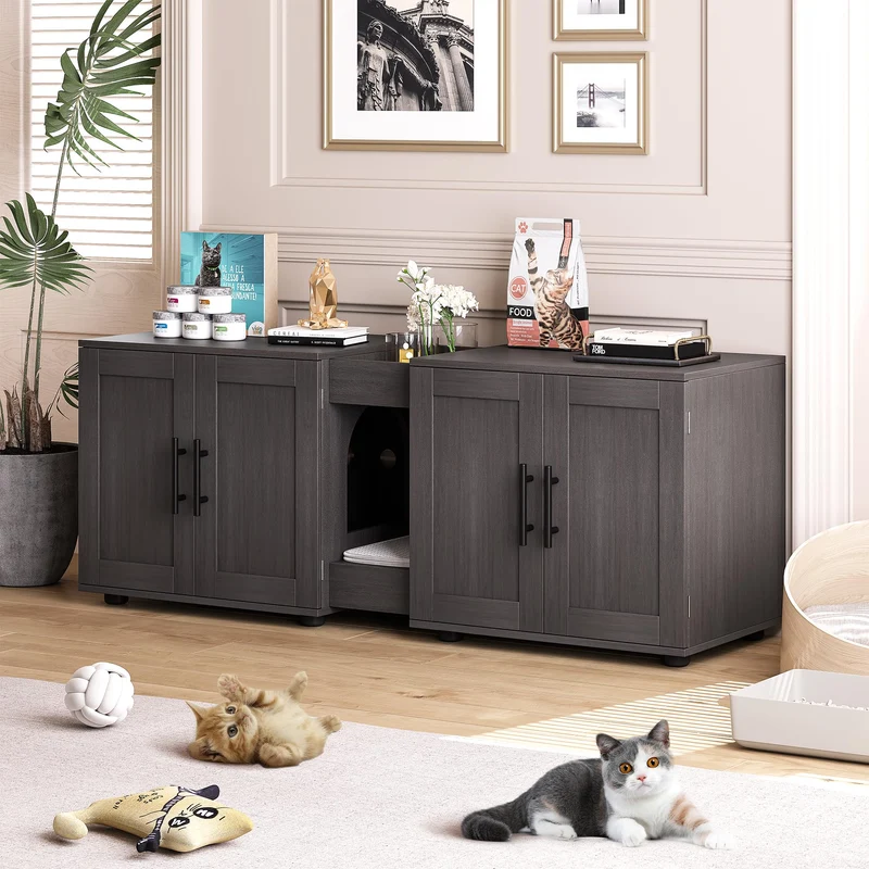 Garvee Mueble para Caja de Arena de Gato 2 Habitaciones con Puerta de Granero, Madera de Nogal, Alfombrilla Antiólor, Almacenaje Integrado para Sala o Dormitorio, 140×45×57 cm
