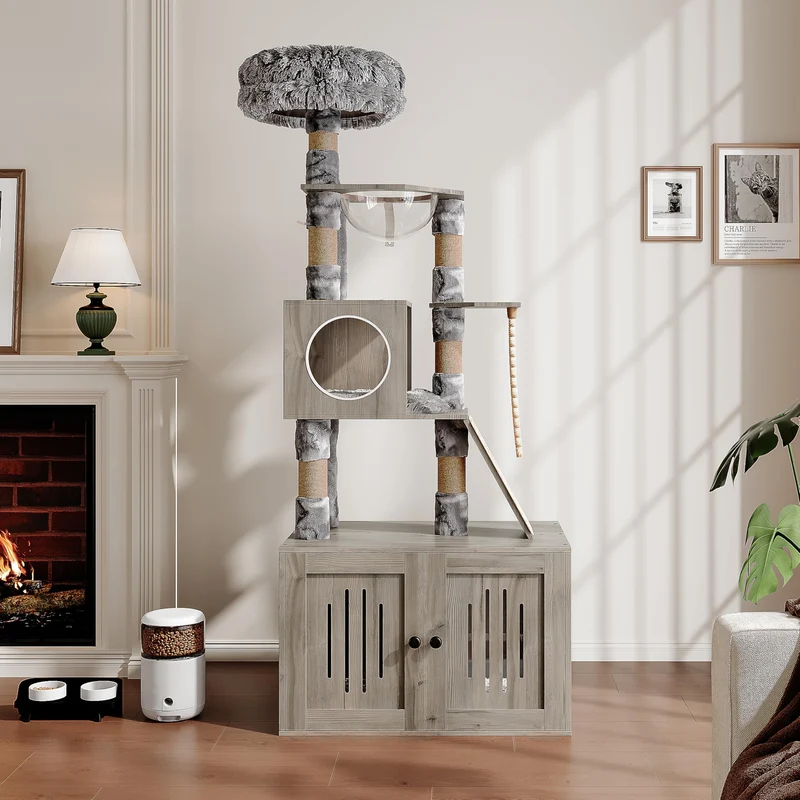 Garvee Árbol para Gatos 170 cm Torre con Caja de Arena y Hamaca, Cojines Lavables, Diseño Espacial para Interiores, Gris