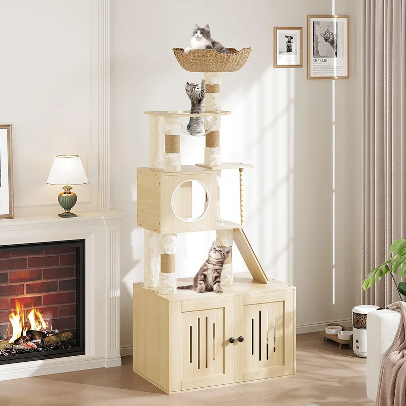 Garvee Árbol para Gatos 2 en 1 de 170 cm con Mueble para Arena Rascadores Cápsula Espacial y Nido de Peluche Color Madera Natural
