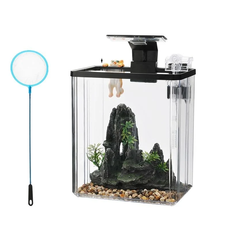 Garvee Acuario Pequeño 1.5 Gal LED y Filtro, Plástico Transparente, Luz Ajustable, Base Antideslizante Para Oficina y Hogar
