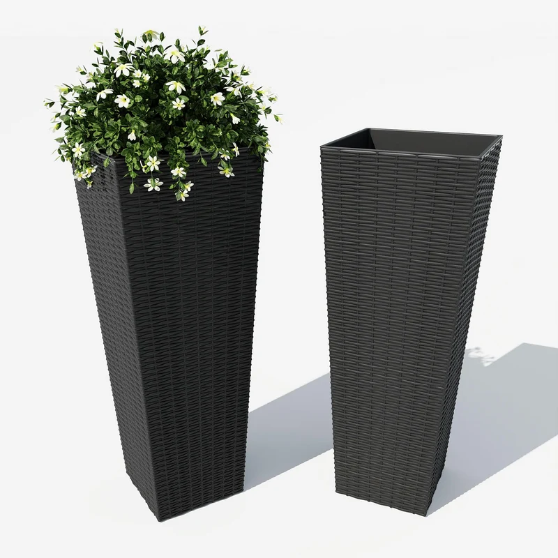 Garvee Macetas Altas de Exterior Pack de 2, Maceteros Grandes de Resina con Efecto Ratán y Drenaje para Jardín, Terraza, Porche y Entrada