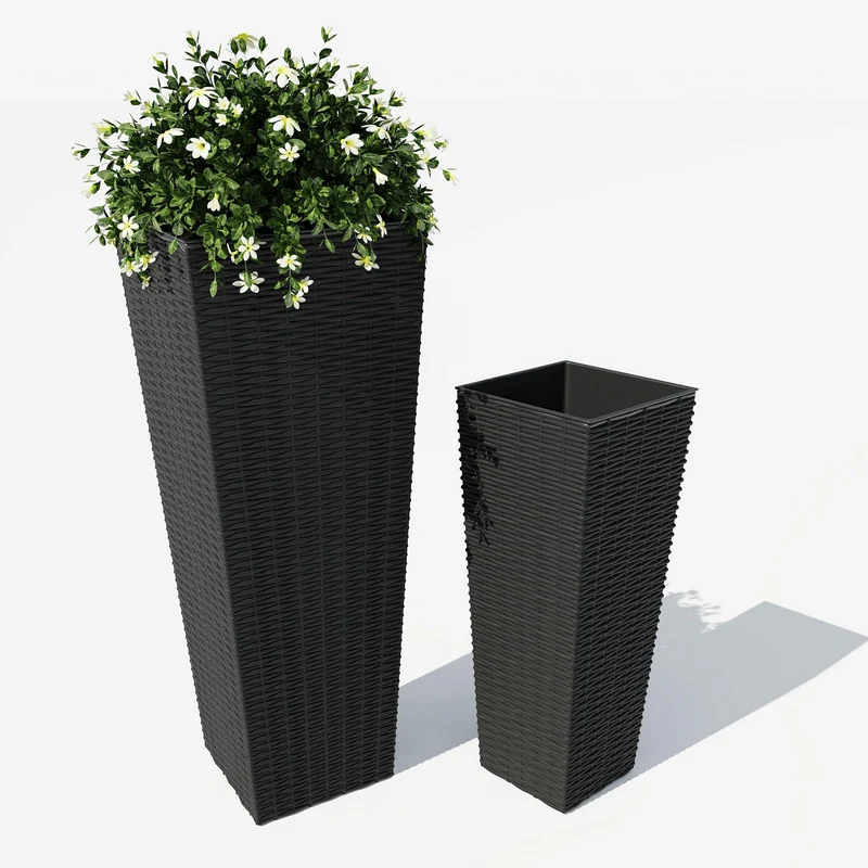 Garvee Macetas Altas de Exterior, Pack de 2 Maceteros Grandes con Efecto Ratán y Drenaje para Jardín, Terraza y Porche (81cm + 61cm)
