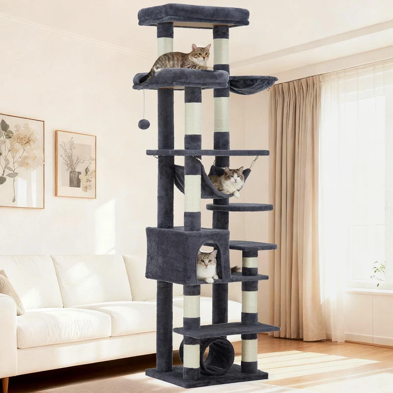 Garvee Árbol para Gatos Grandes 188 cm con 11 Rascadores, Hamaca, Percha Superior, Interior, Estable y Seguro, Gris
