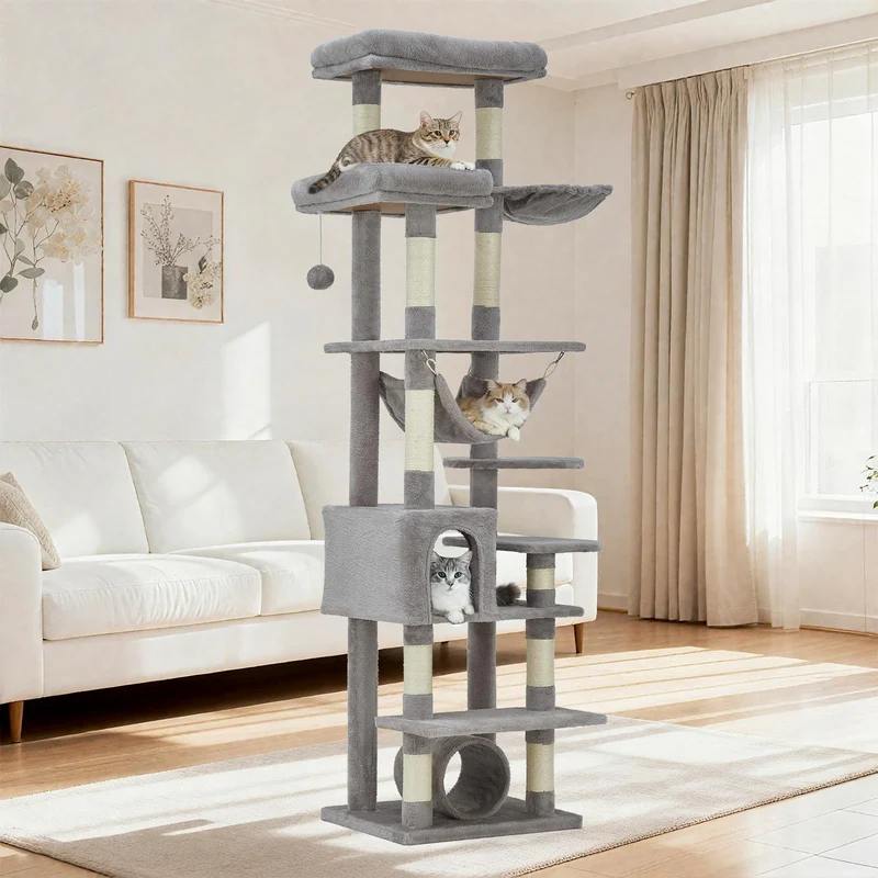 Garvee Rascador para Gatos Grande 188cm, Castillo de Felpa con Cesta, Túnel y Juguetes Colgantes, Árbol con Base Reforzada Antivuelco, Gris Claro