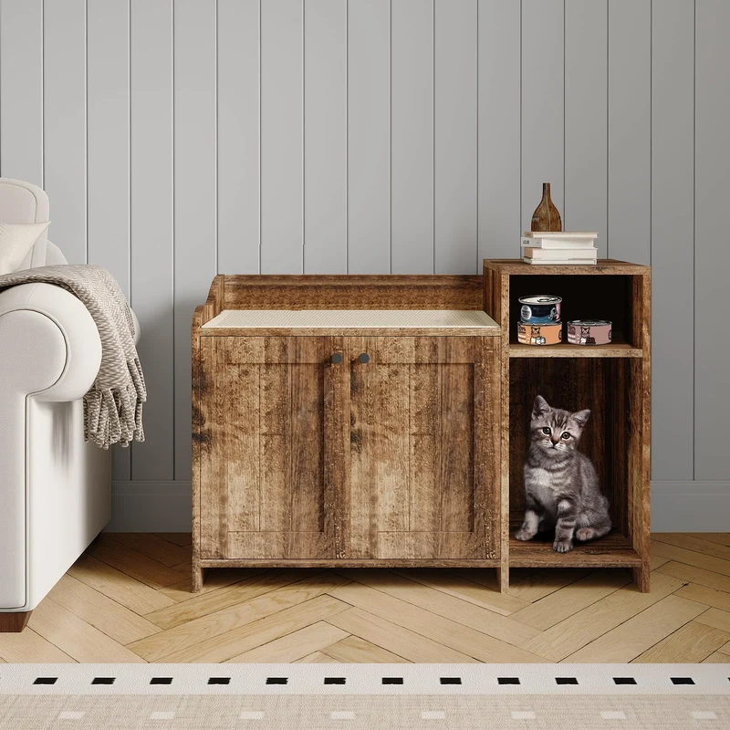 Garvee Caja de Arena para Gatos con Estante y Puerta de Granero de Madera, Gabinete Oculto, Mesa Auxiliar para Interiores, Compatible con la Mayoría de Cajas, Madera Vintage