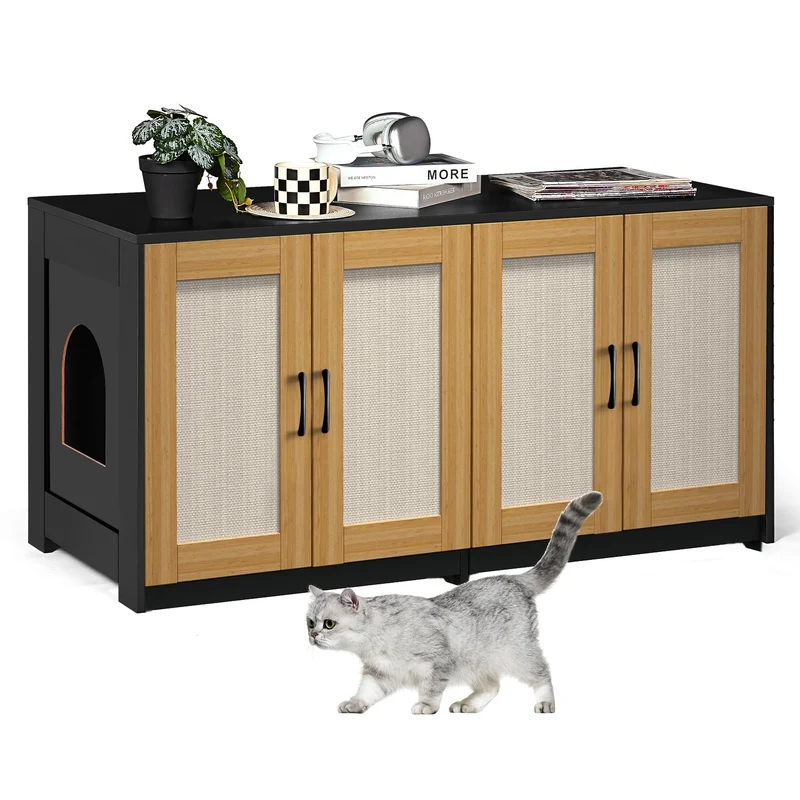 Garvee Mueble Doble para Caja de Arena de Gatos 47'' con Puertas de Sisal y Cajones Deslizantes para Sala, Madera Negra, Acceso Doble, Ventilación