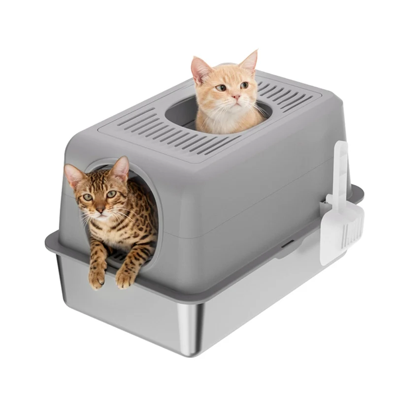 Garvee Caja de Arena Extra Grande Acero Inoxidable con Tapa Antifugas para Gatos Grandes Gris 60×40×38 cm
