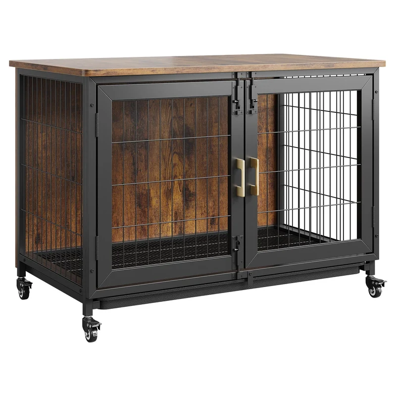 Garvee Jaula para Perros de Madera 95 cm con Ruedas Bloqueables y Bandeja Extraíble, Estructura de Acero 136 kg, Diseño Rústico para Interiores