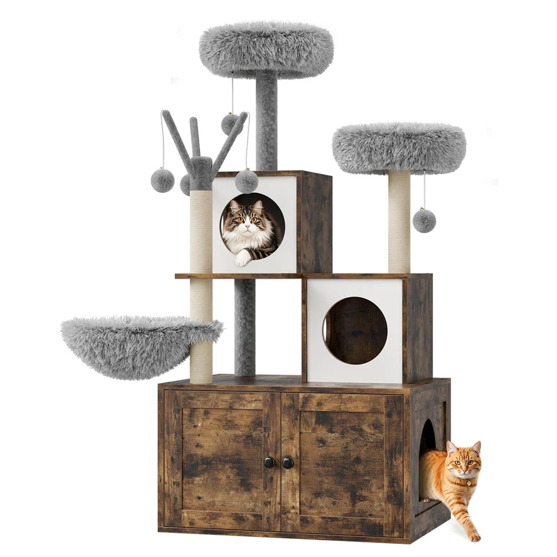 Garvee Árbol Para Gatos 2-En-1 Con Caja De Arena Oculta, Rascador Y Hamaca, MDF Y Soga De Sisal, Diseño Moderno Roble Marrón Para Hogar