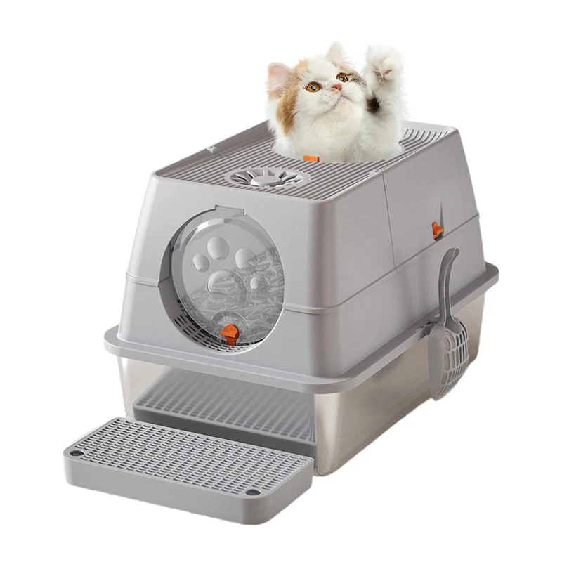 Garvee Caja De Arena Para Gatos De Acero Inoxidable Grande Con Tapa Pedal Y Pala 60x40x39 Cm Gris